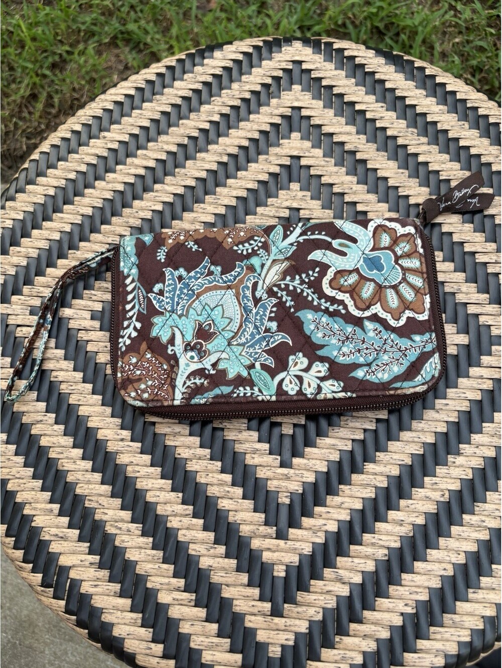Vera Bradley Brown Blue Floral Wristlet Wallet w/ Zipper Strap Credit Card Slots